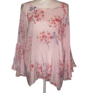 LC Lauren Conrad Boho Pullover Sheer Blouse Flutter Sleeves in PNK Floral SZ XL